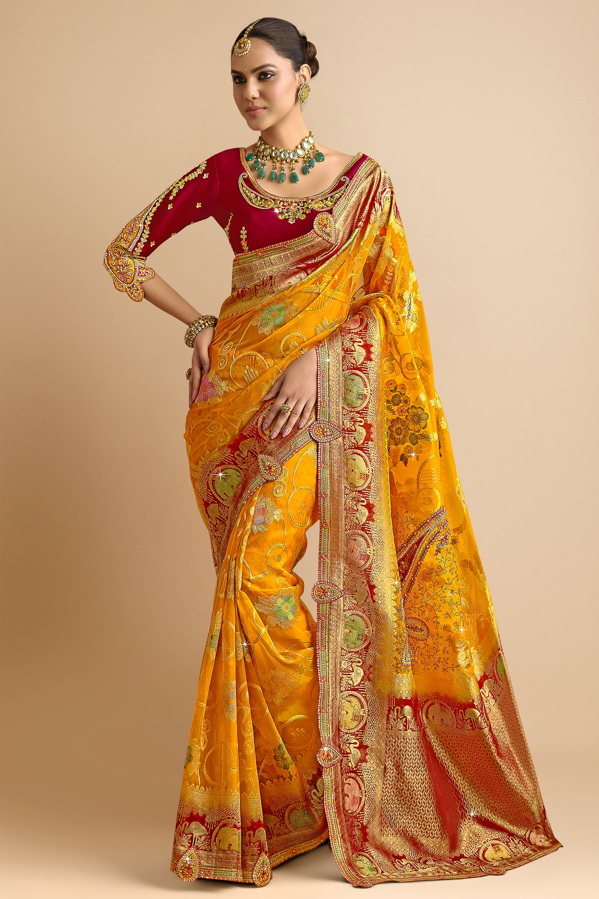 Orange Silk Woven Bird and Animal Motif Saree