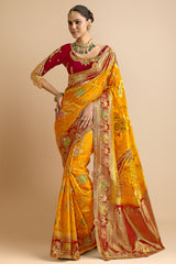 Orange Silk Woven Bird and Animal Motif Saree