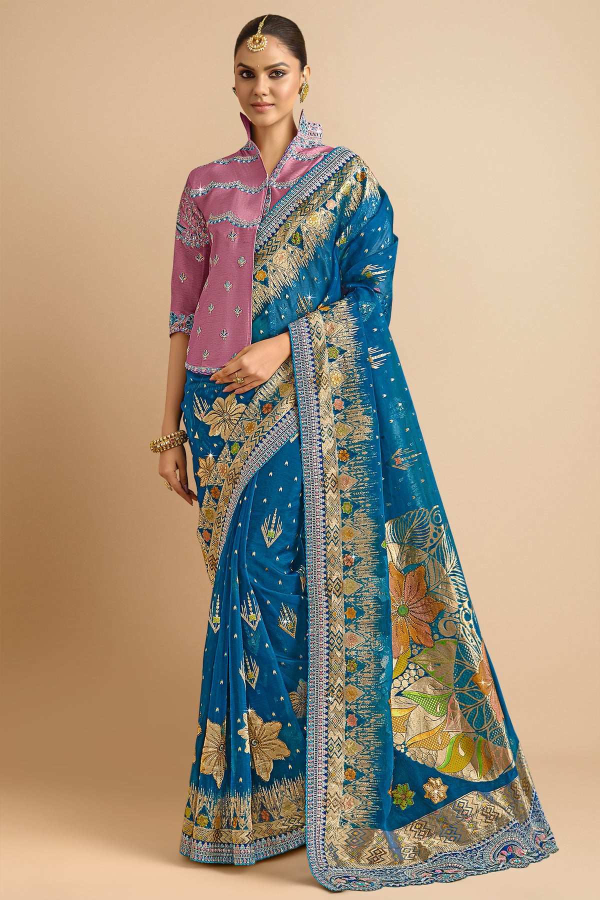 Blue Silk Woven Saree with Swarovski Work