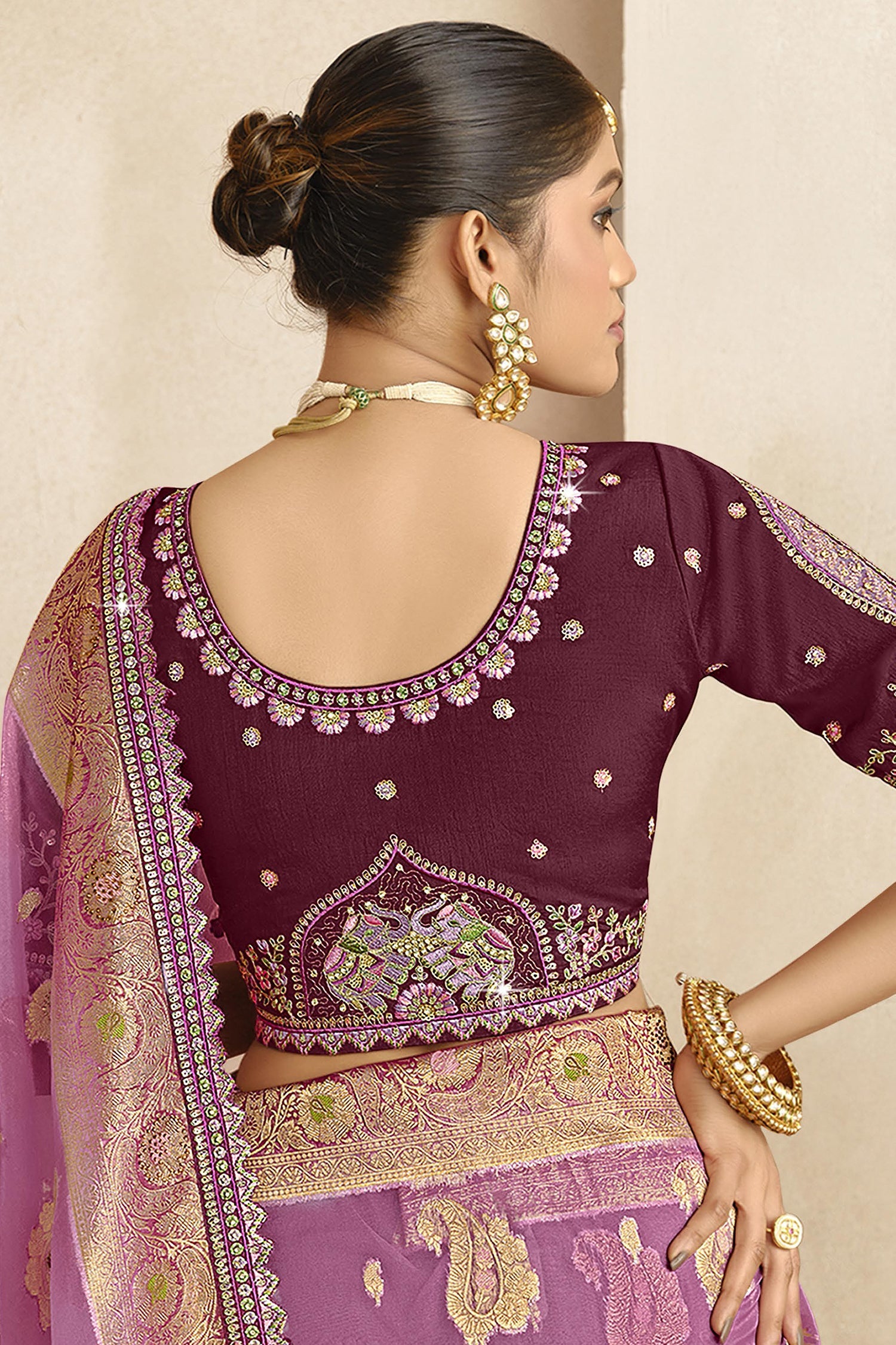 Mauve Silk Woven Saree with Embroidered Work Jacket