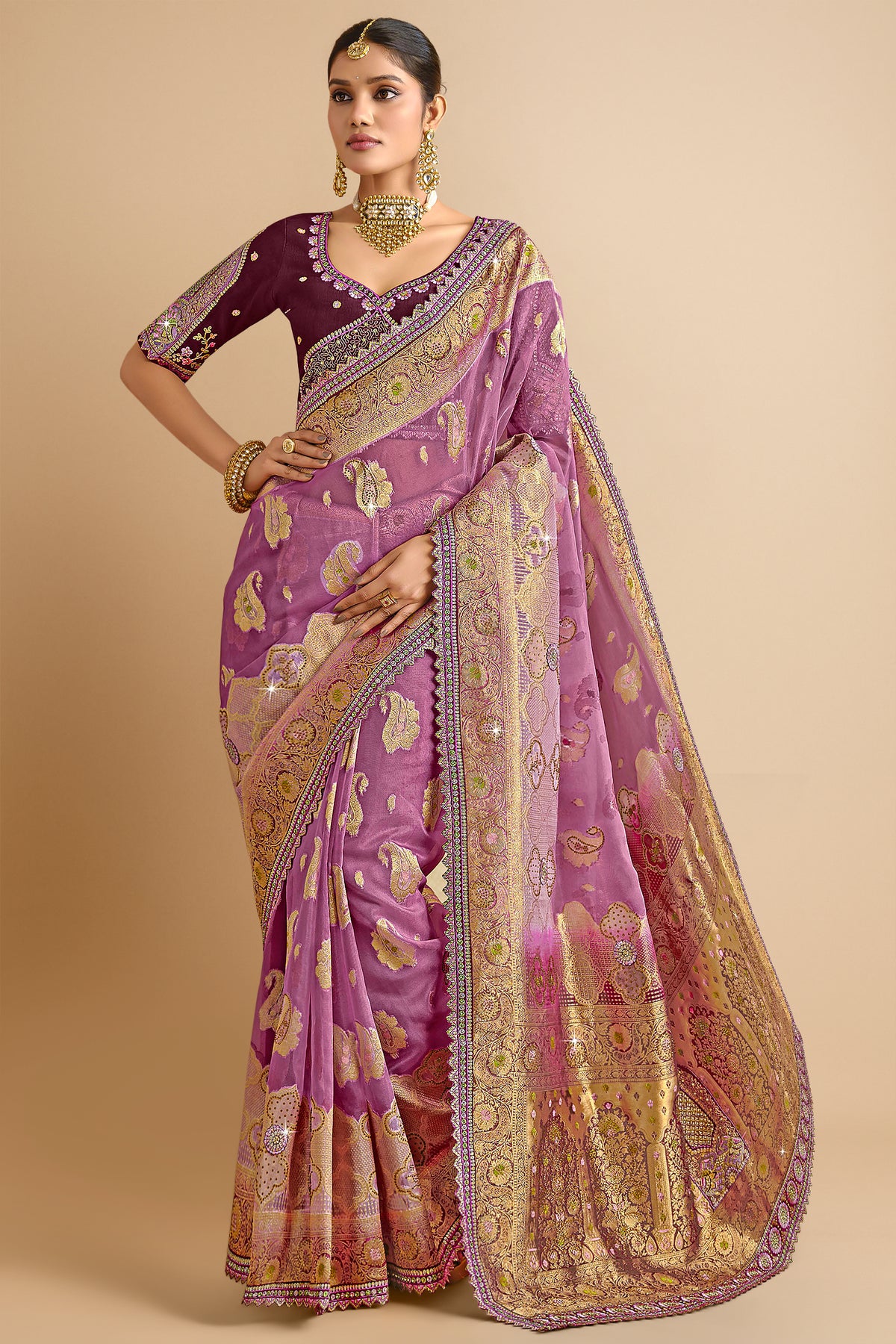 Mauve Silk Woven Saree with Embroidered Work Jacket