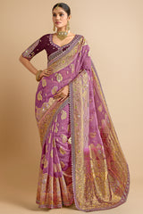 Mauve Silk Woven Saree with Embroidered Work Jacket