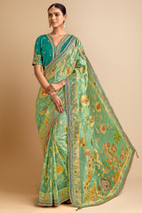 Light Green Silk Woven Saree with Bird and Animal Motif