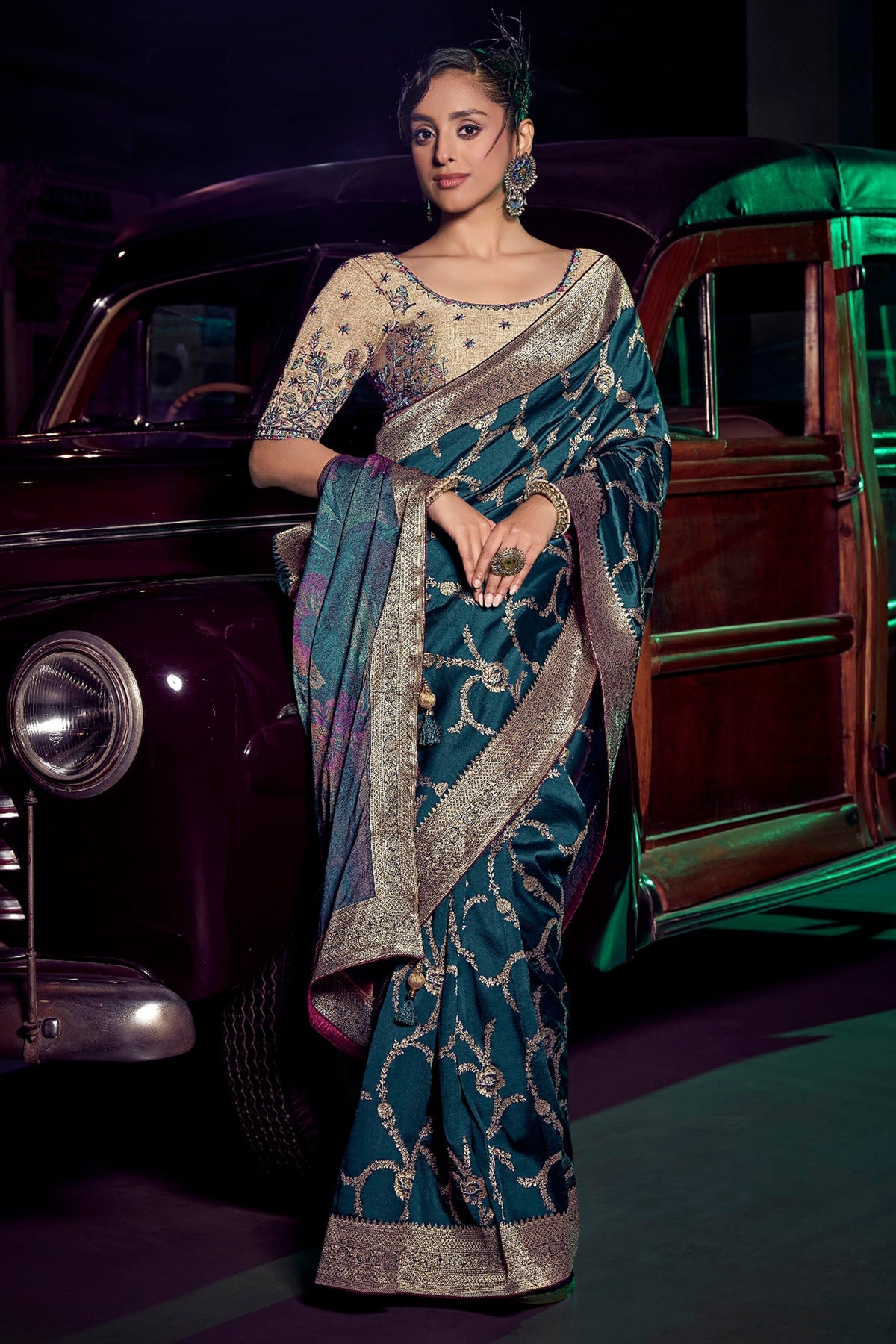 Peacock Blue Silk Saree with Weaving