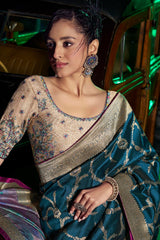 Peacock Blue Silk Saree with Weaving