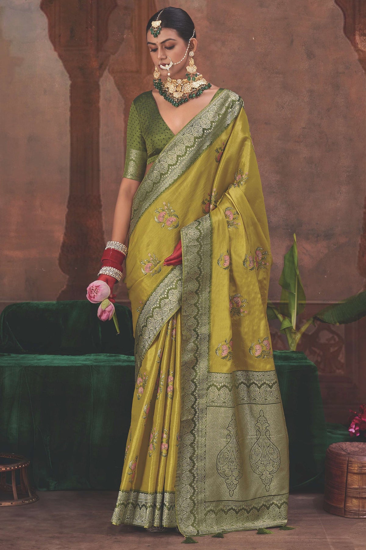 Mustard Green Silk Woven Saree with Contrast Border and Pallu