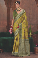 Mustard Green Silk Woven Saree with Contrast Border and Pallu