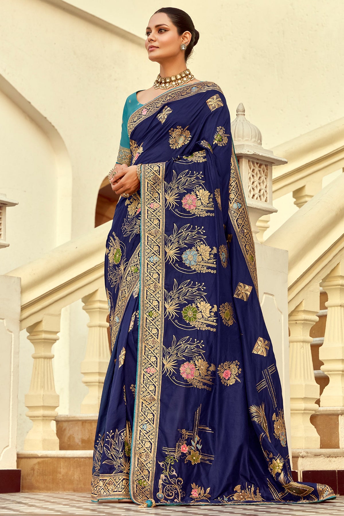 Blue Dola Silk Floral Woven Butta Saree