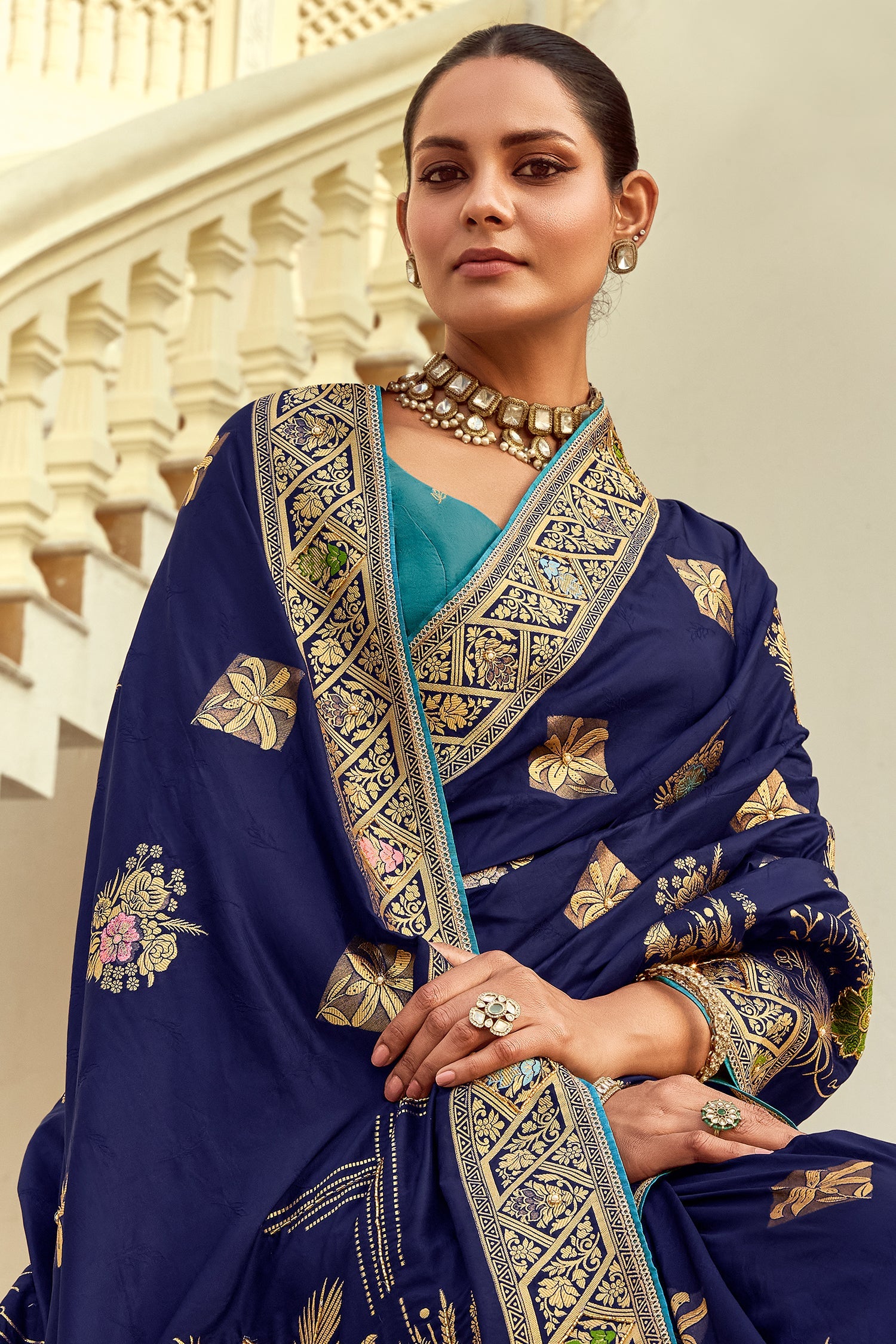 Blue Dola Silk Floral Woven Butta Saree
