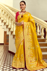 Yellow Dola Silk Woven Butta Saree with Elephant and Peacock Motif On Border