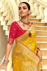 Yellow Dola Silk Woven Butta Saree with Elephant and Peacock Motif On Border