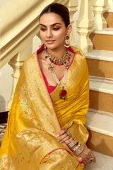 Yellow Dola Silk Woven Butta Saree with Elephant and Peacock Motif On Border