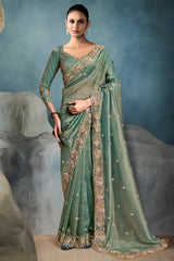 Sea Green Organza Tissue Sequin Cutdana Worked Saree