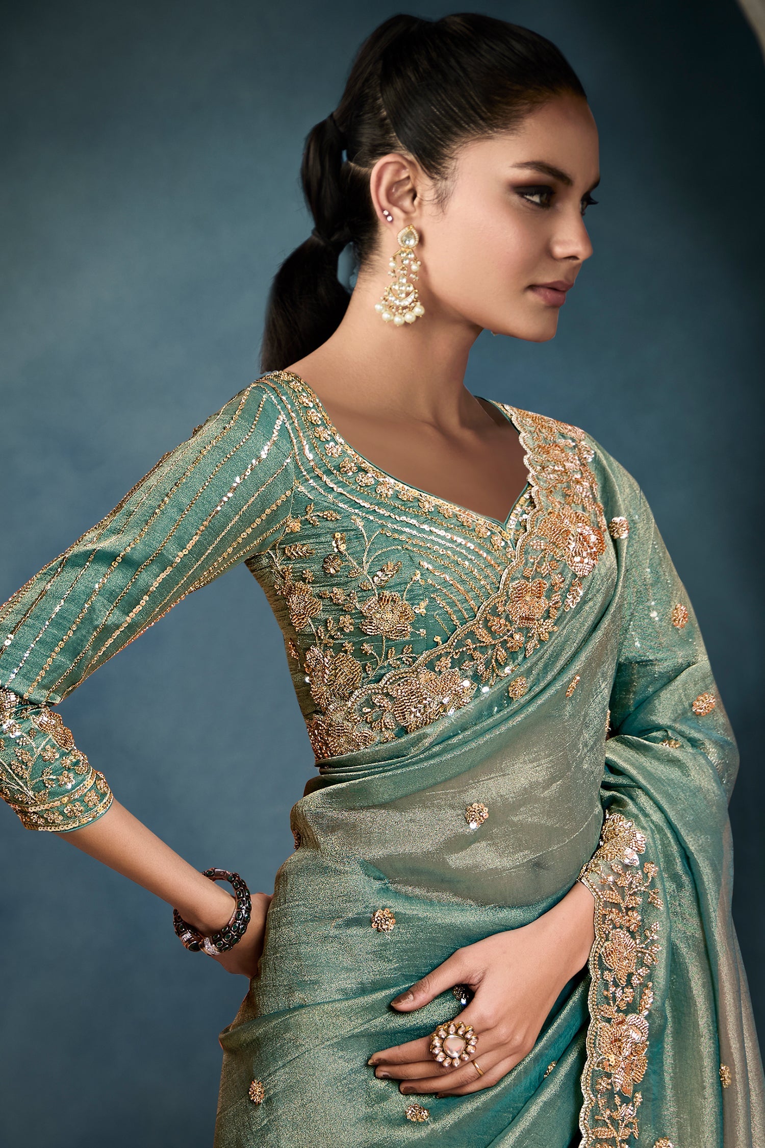 Sea Green Organza Tissue Sequin Cutdana Worked Saree