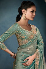 Sea Green Organza Tissue Sequin Cutdana Worked Saree