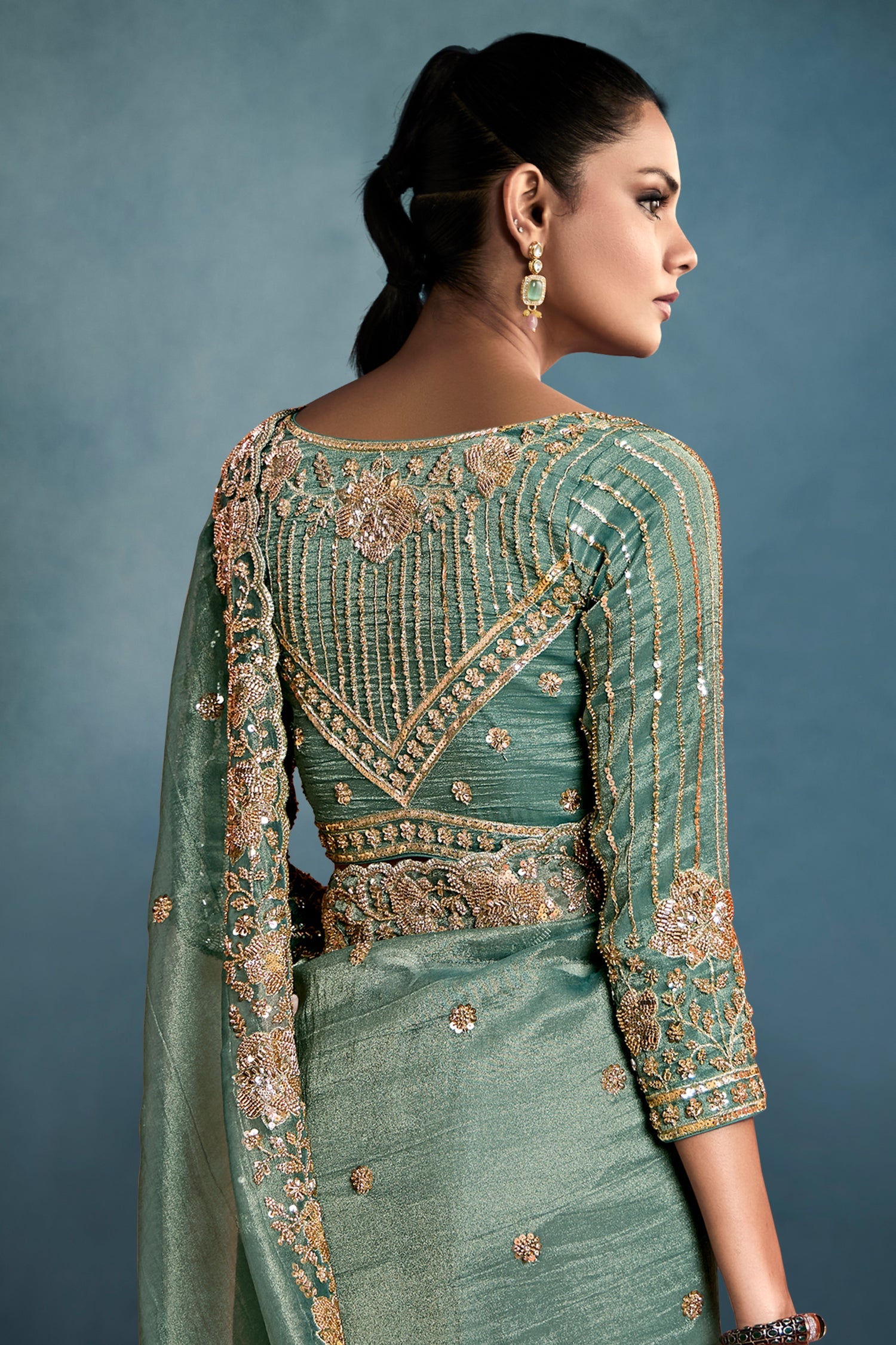 Sea Green Organza Tissue Sequin Cutdana Worked Saree