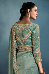 Sea Green Organza Tissue Sequin Cutdana Worked Saree