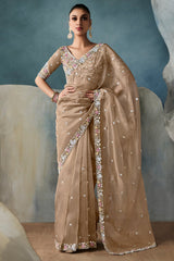 Light Brown Organza Tissue Saree with Floral Embroidery and Sequin Work