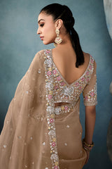 Light Brown Organza Tissue Saree with Floral Embroidery and Sequin Work