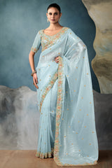 Light Blue Organza Tissue Saree with Floral Embroidery and Sequin Cutdana Work