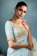 Light Blue Organza Tissue Saree with Floral Embroidery and Sequin Cutdana Work