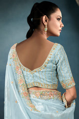 Light Blue Organza Tissue Saree with Floral Embroidery and Sequin Cutdana Work