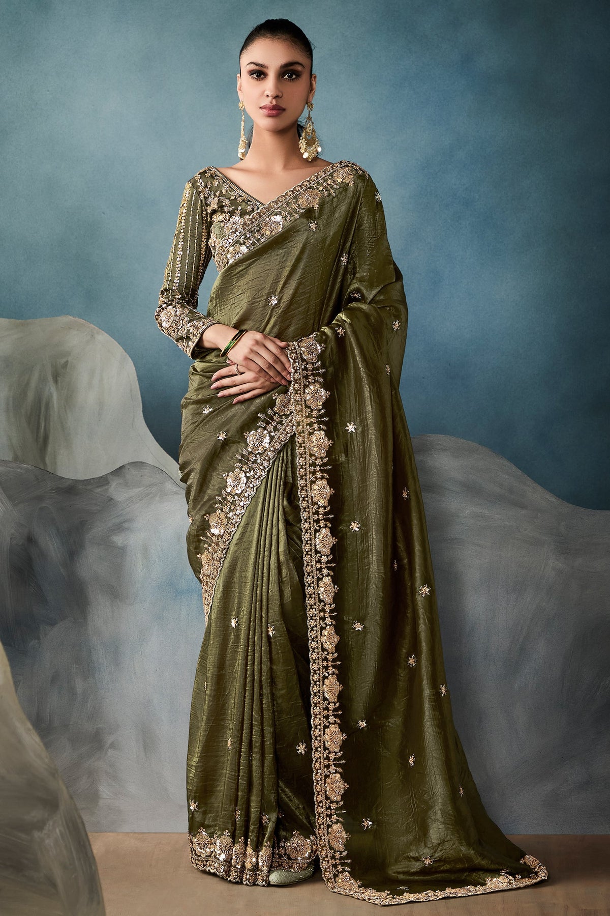 Olive Green Organza Tissue Saree with Sequin Cutdana Work