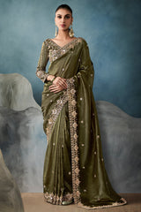 Olive Green Organza Tissue Saree with Sequin Cutdana Work