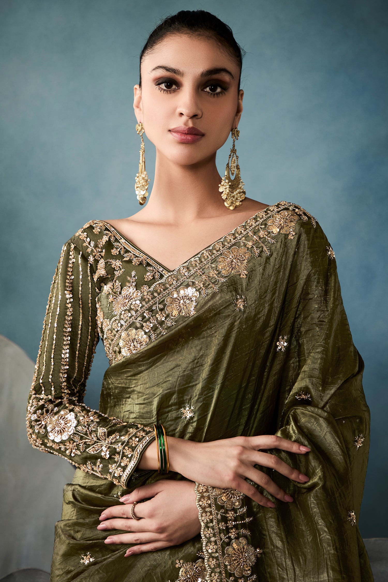 Olive Green Organza Tissue Saree with Sequin Cutdana Work