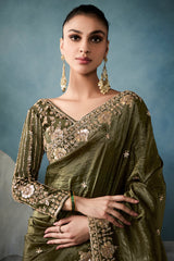 Olive Green Organza Tissue Saree with Sequin Cutdana Work