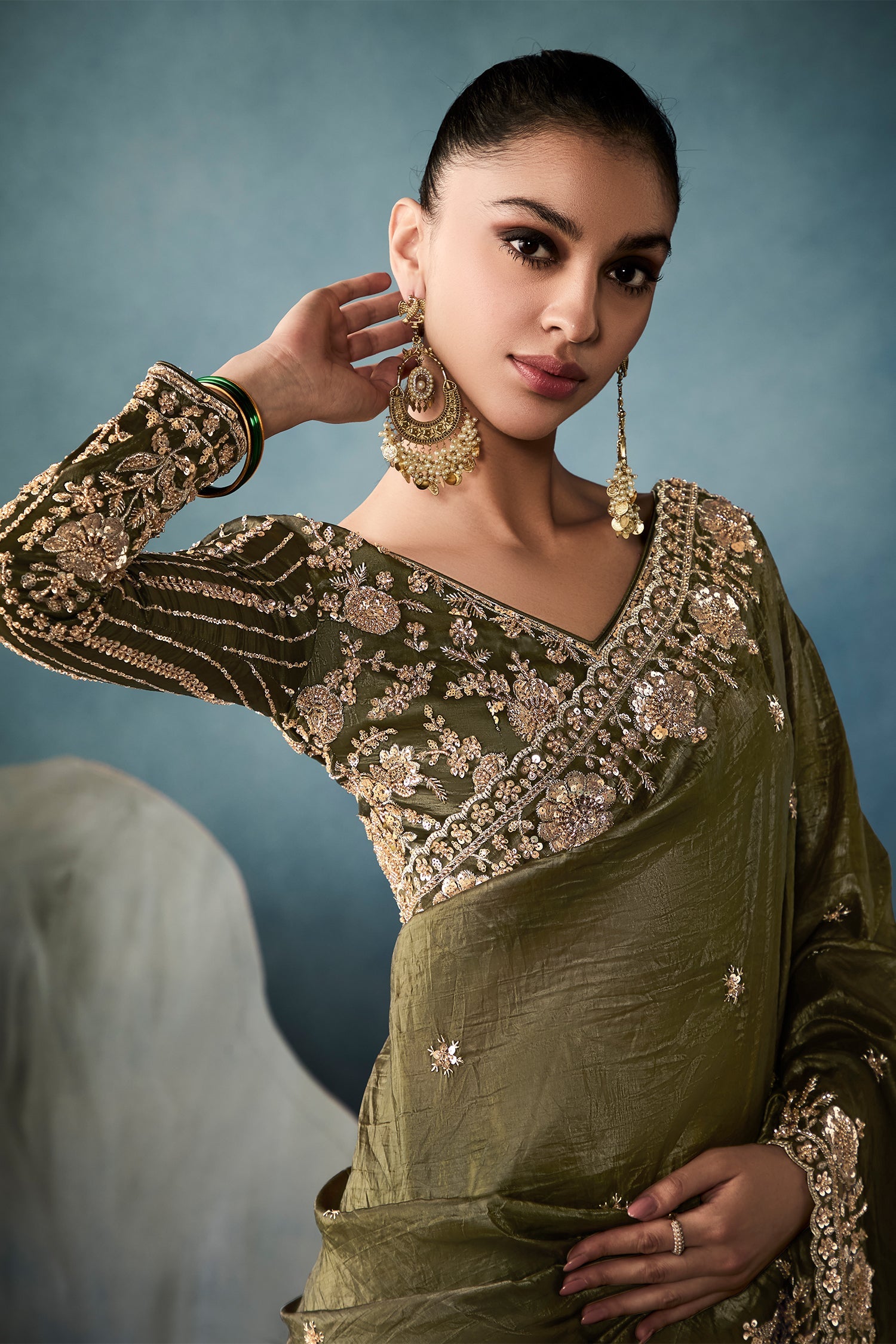Olive Green Organza Tissue Saree with Sequin Cutdana Work