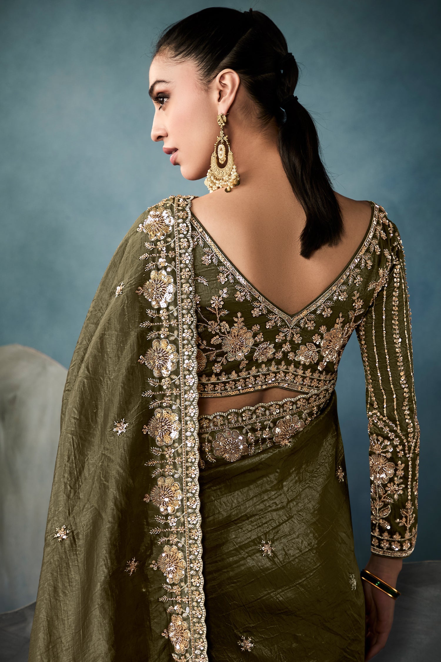 Olive Green Organza Tissue Saree with Sequin Cutdana Work