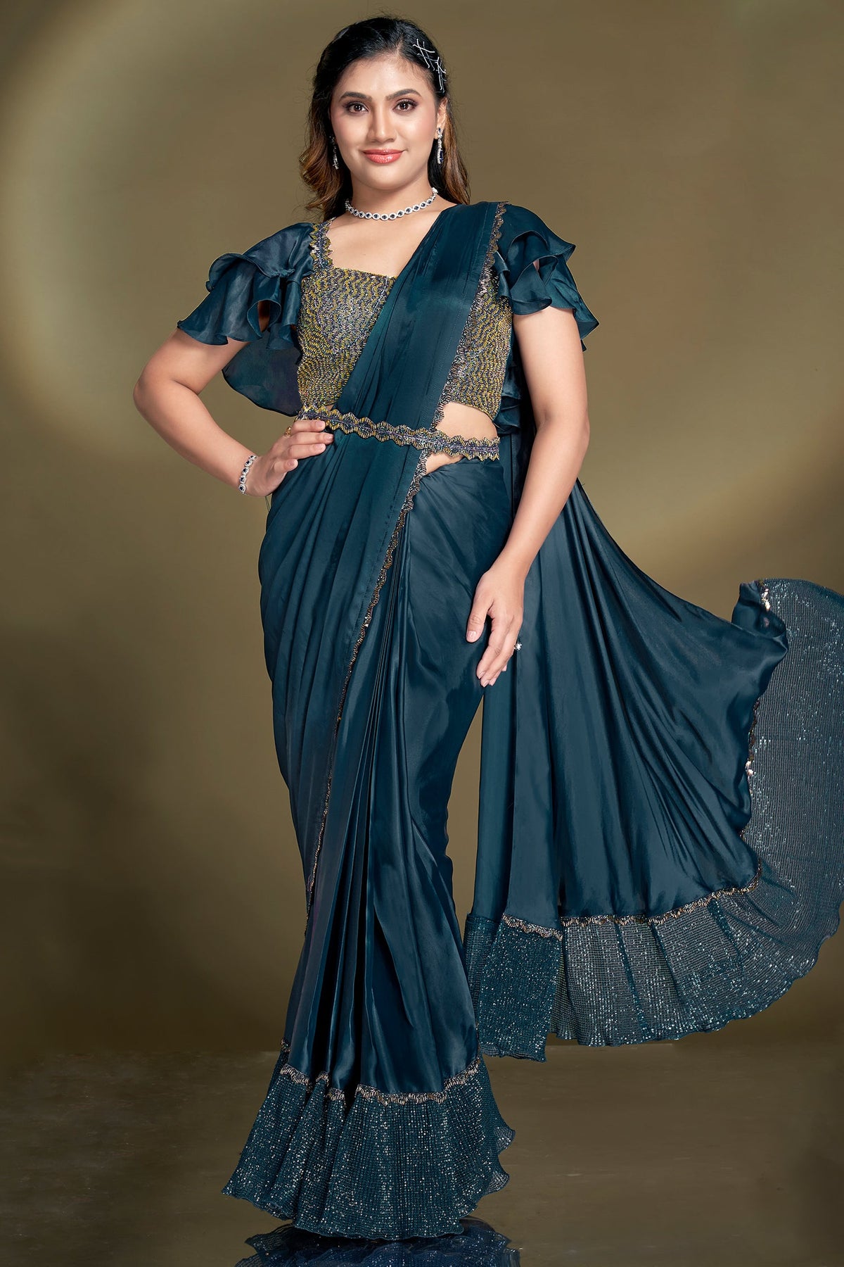 Rama Blue Crepe Satin Silk Ready to Wear Saree