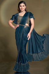 Rama Blue Crepe Satin Silk Ready to Wear Saree