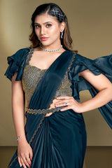Rama Blue Crepe Satin Silk Ready to Wear Saree