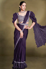Purple Crepe Satin Silk Embellished Puff Sleeve Ready to Wear Saree