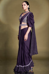 Purple Crepe Satin Silk Embellished Puff Sleeve Ready to Wear Saree