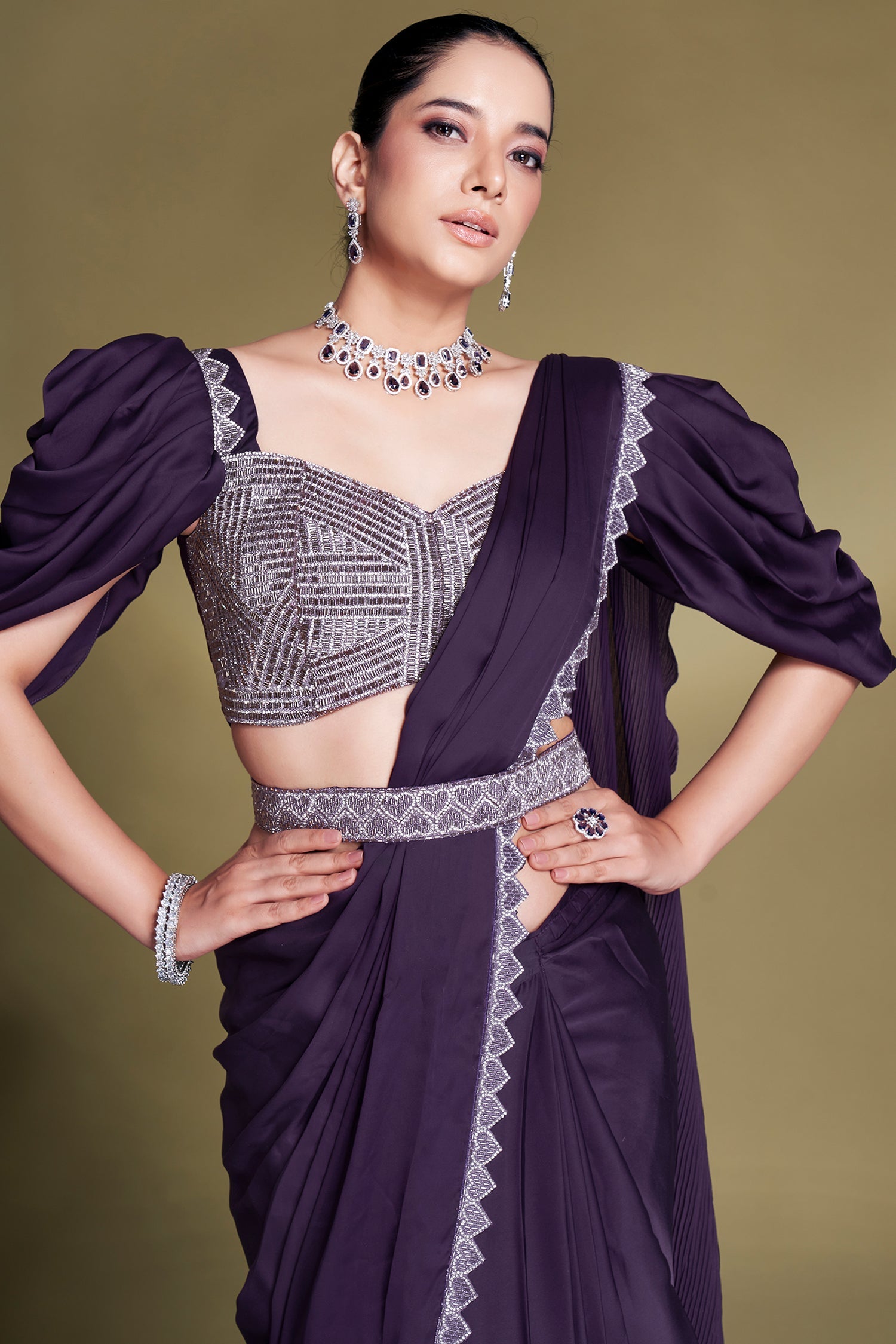 Purple Crepe Satin Silk Embellished Puff Sleeve Ready to Wear Saree