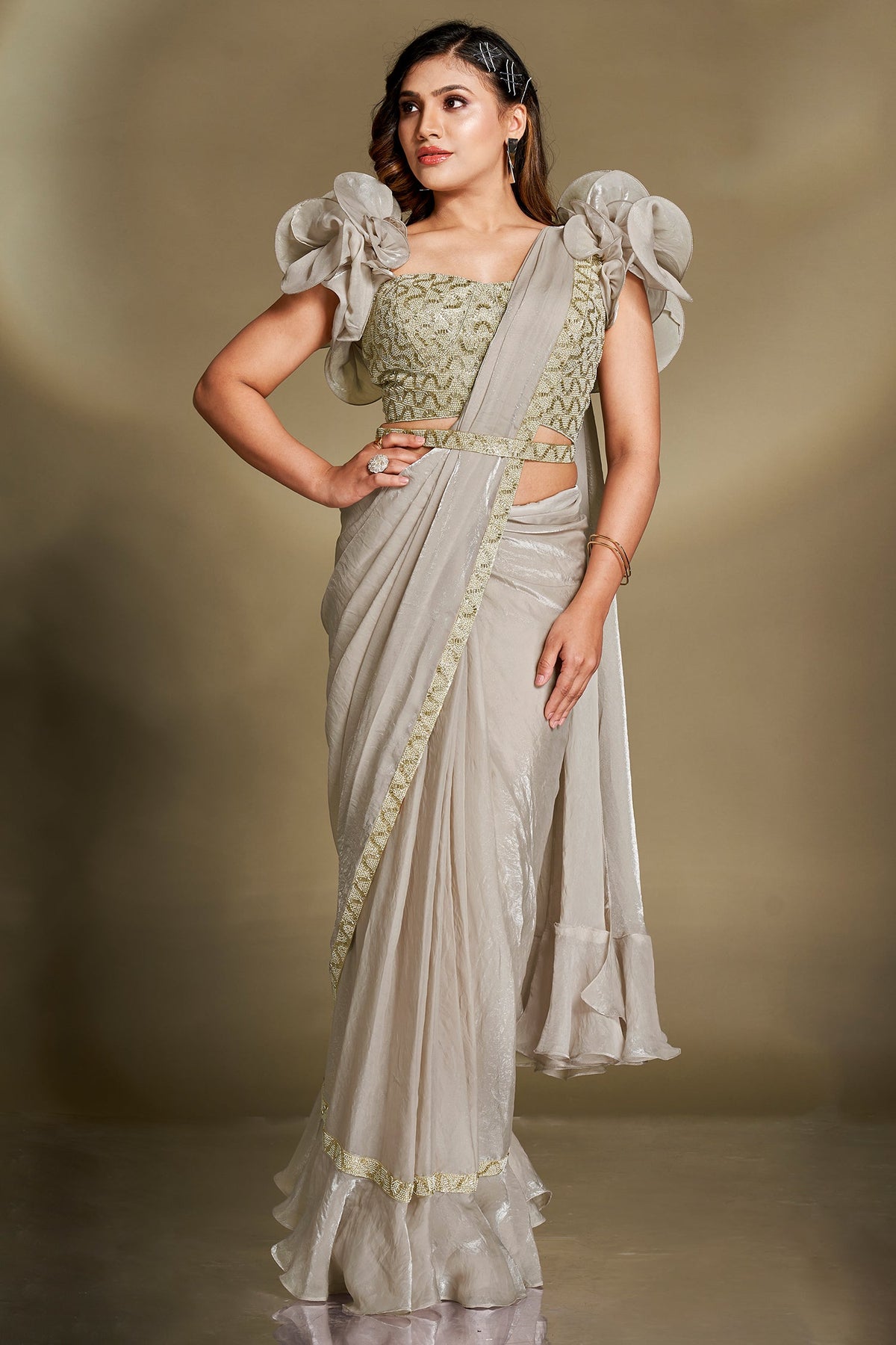 Grey Two Toned Satin Silk Ready to Wear Saree with Exaggerated Ruffle Sleeve Blouse