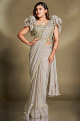 Grey Two Toned Satin Silk Ready to Wear Saree with Exaggerated Ruffle Sleeve Blouse