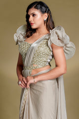 Grey Two Toned Satin Silk Ready to Wear Saree with Exaggerated Ruffle Sleeve Blouse