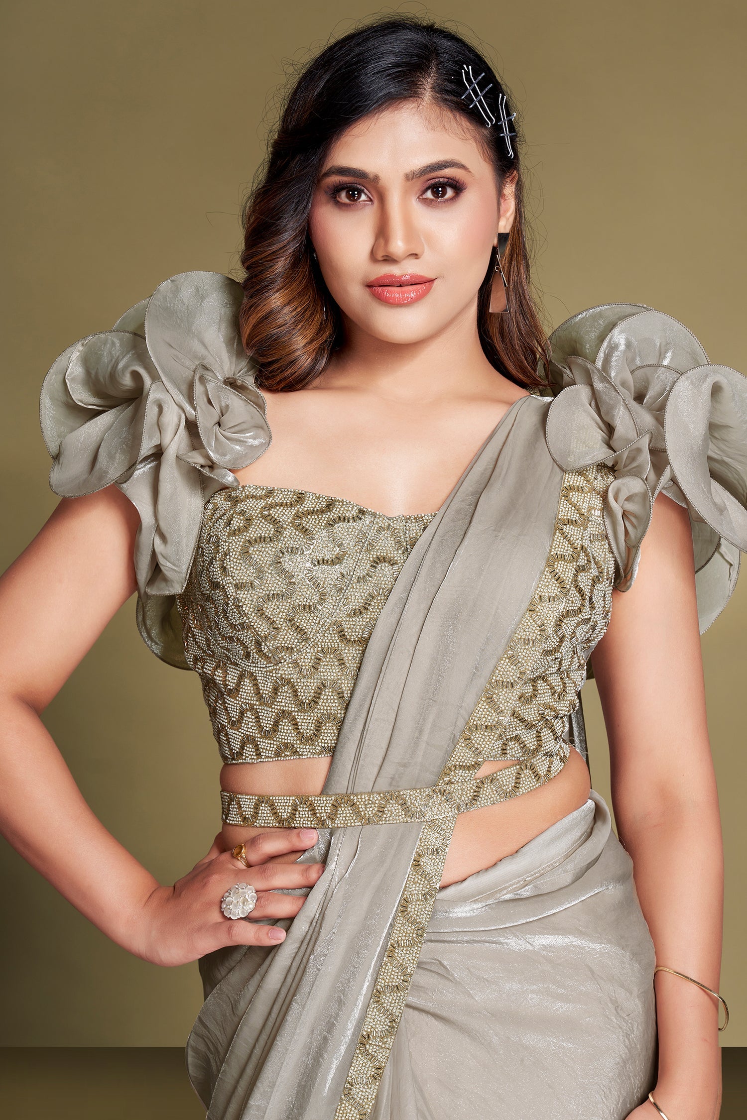 Grey Two Toned Satin Silk Ready to Wear Saree with Exaggerated Ruffle Sleeve Blouse