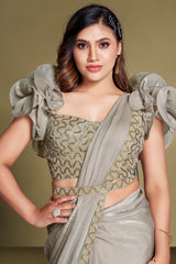 Grey Two Toned Satin Silk Ready to Wear Saree with Exaggerated Ruffle Sleeve Blouse