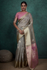 Grey Linen Weaving Saree with Contrast Pallu