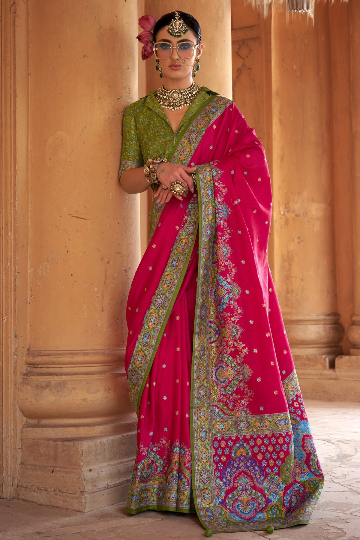 Pink Art Silk Saree with Printed Border and Pallu