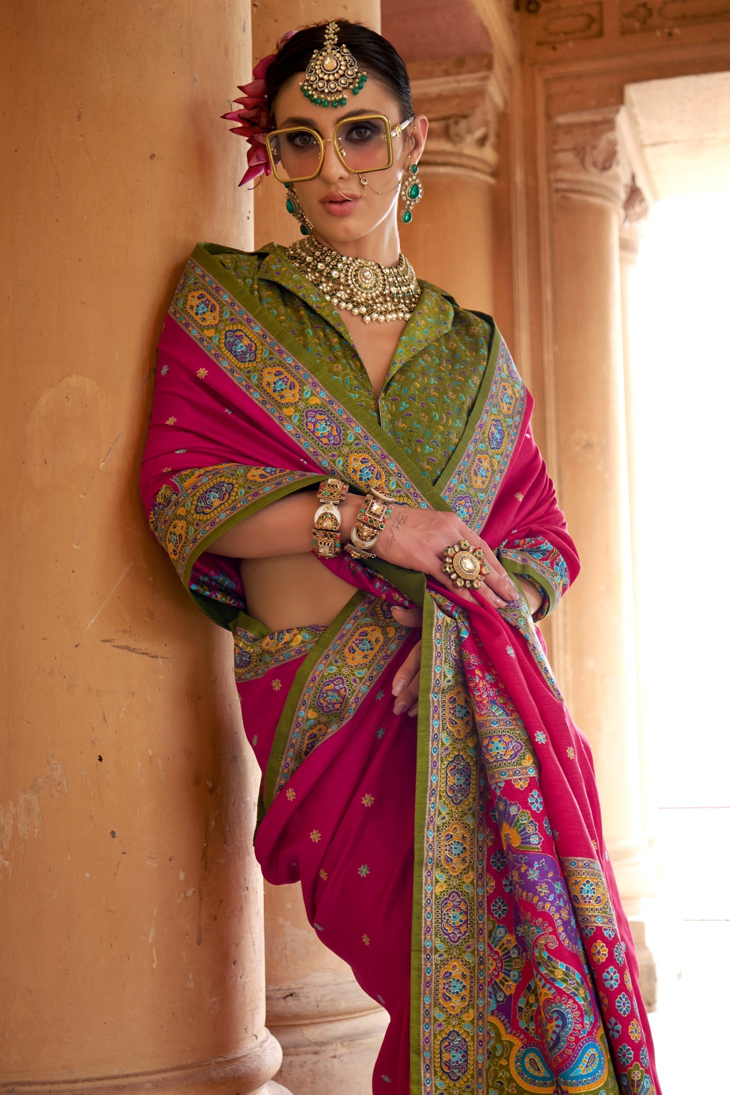 Pink Art Silk Saree with Printed Border and Pallu