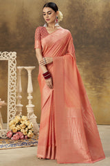 Coral Peach Silk Woven Saree