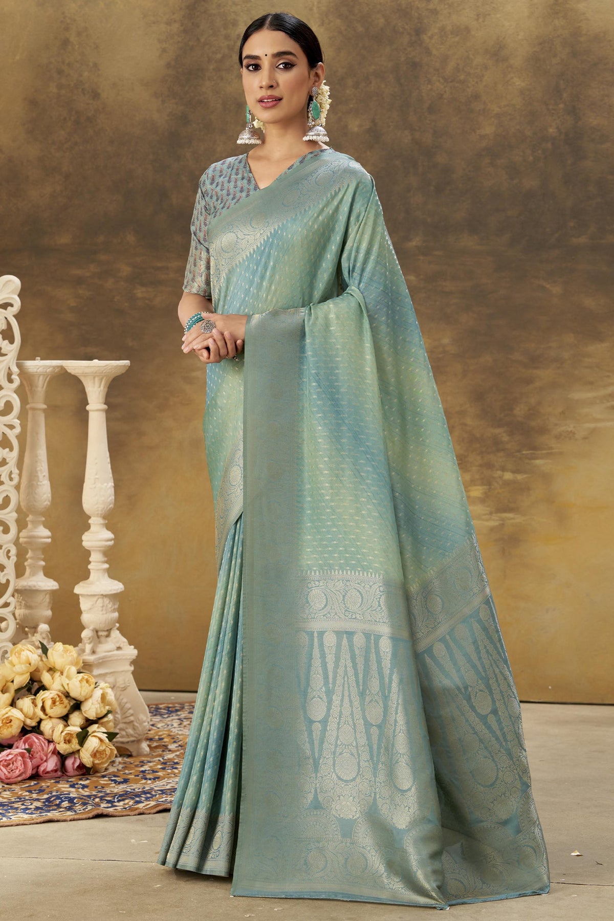 Turquoise Green Ombre Silk Woven Saree