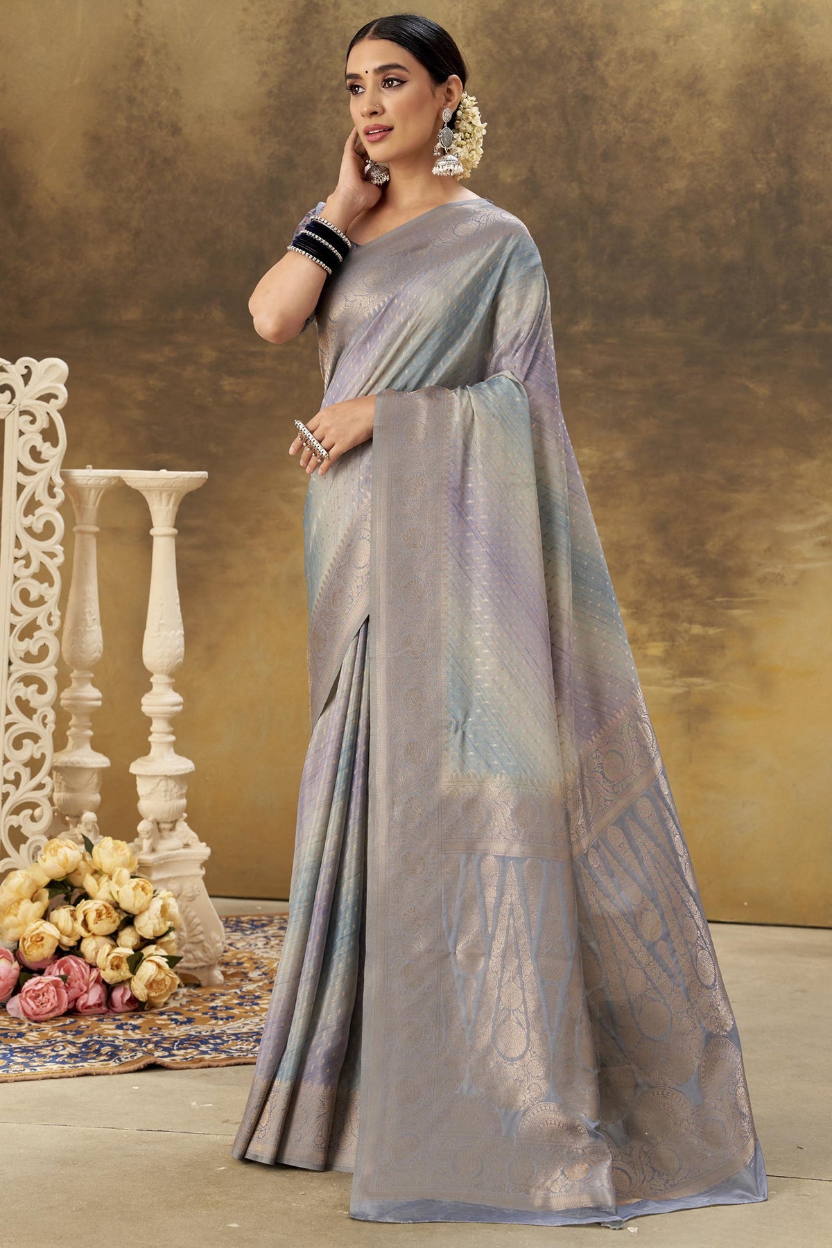 Grey and Multi Ombre Silk Woven Saree