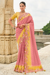 Pink Silk Paisley Butti Saree with Contrast Embroidered and Sequin Work Border